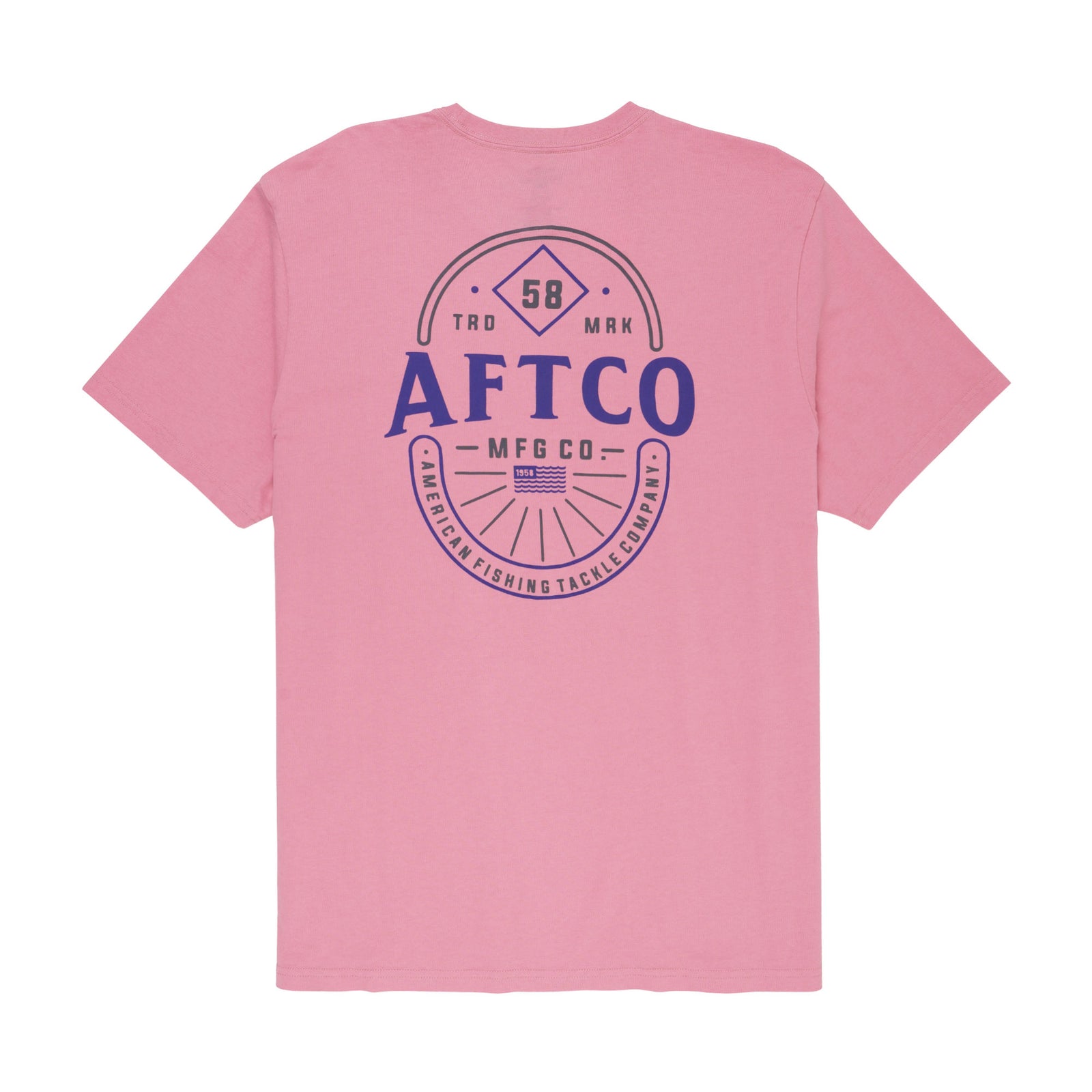 AFTCO Tradewind pink short sleeve t-shirt with large navy circular AFTCO logo and “American Fishing Tackle Company” graphic on back.