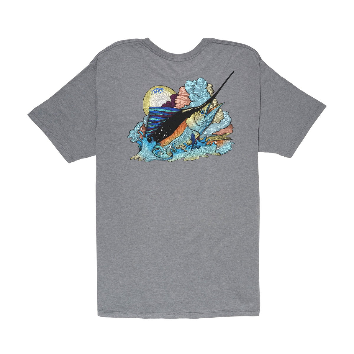 AFTCO graphite gray short sleeve t-shirt with detailed sailfish and ocean graphic on back with coral and sun accents.