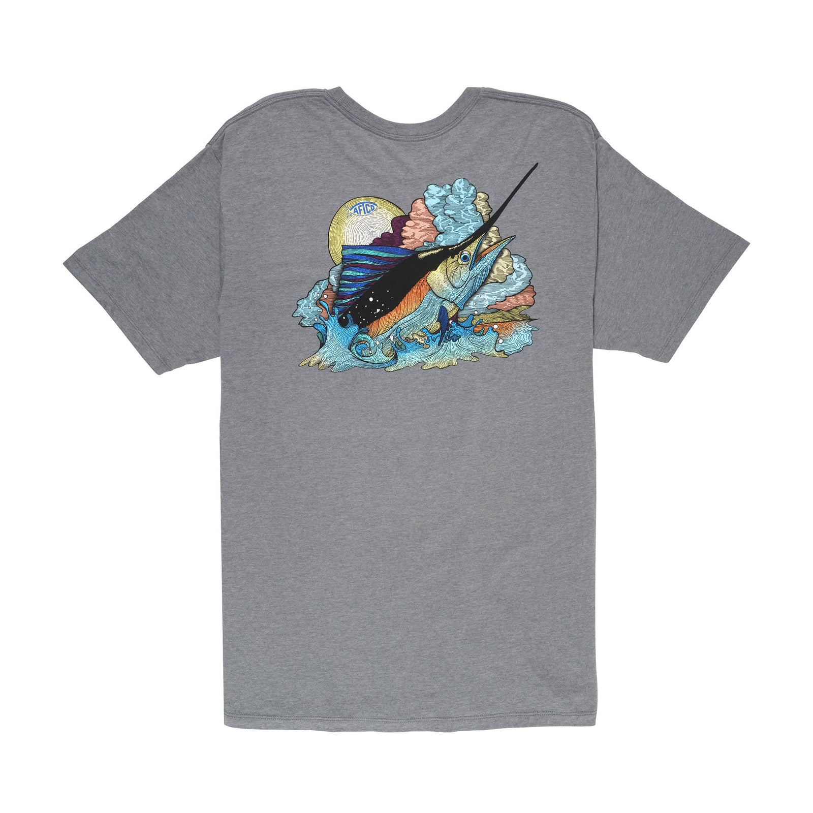 AFTCO graphite gray short sleeve t-shirt with detailed sailfish and ocean graphic on back with coral and sun accents.