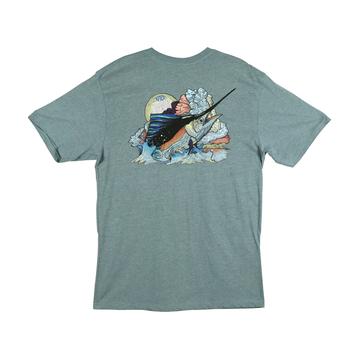 AFTCO seafoam green short sleeve t-shirt with colorful sailfish and ocean wave graphic on back under a yellow sun.