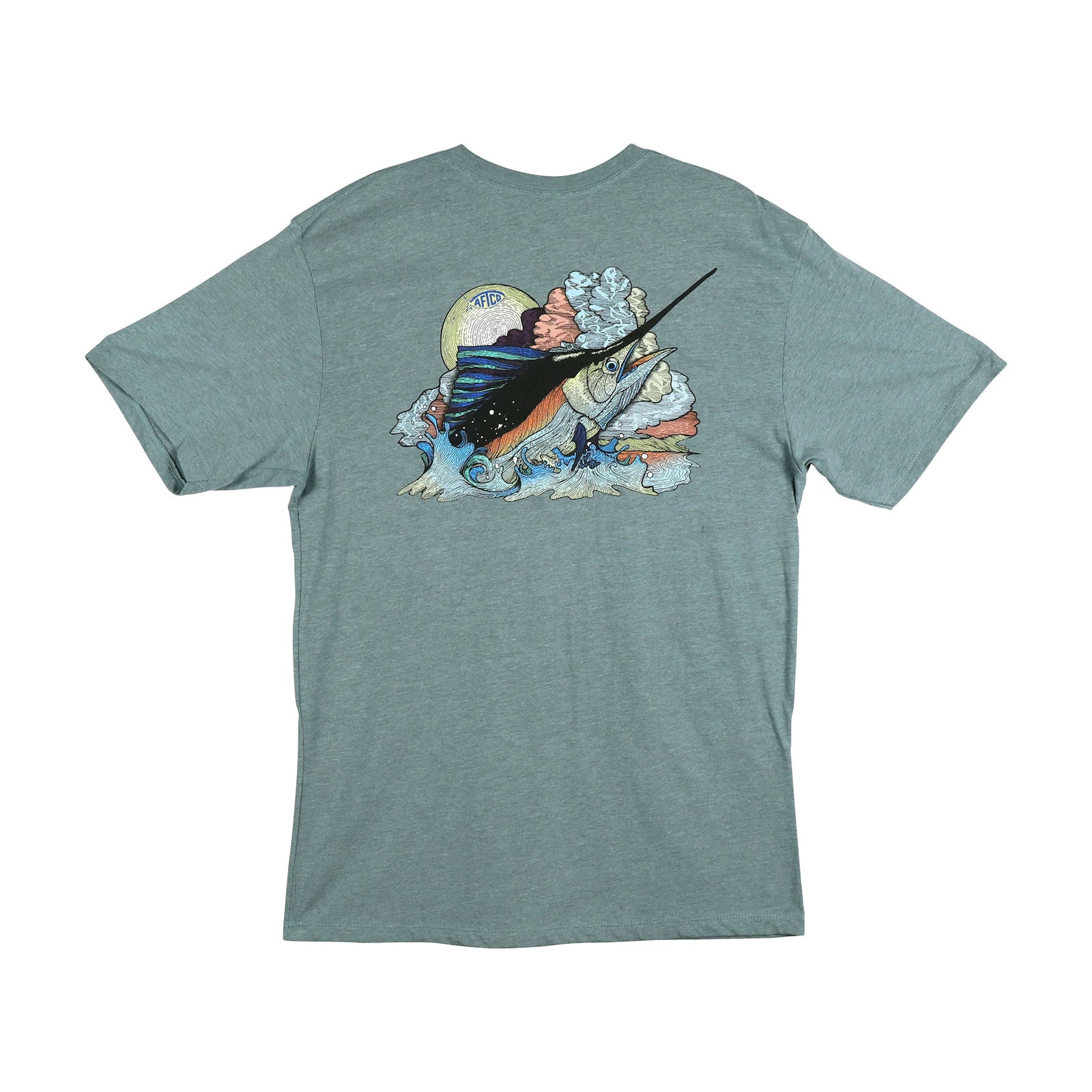 AFTCO seafoam green short sleeve t-shirt with colorful sailfish and ocean wave graphic on back under a yellow sun.