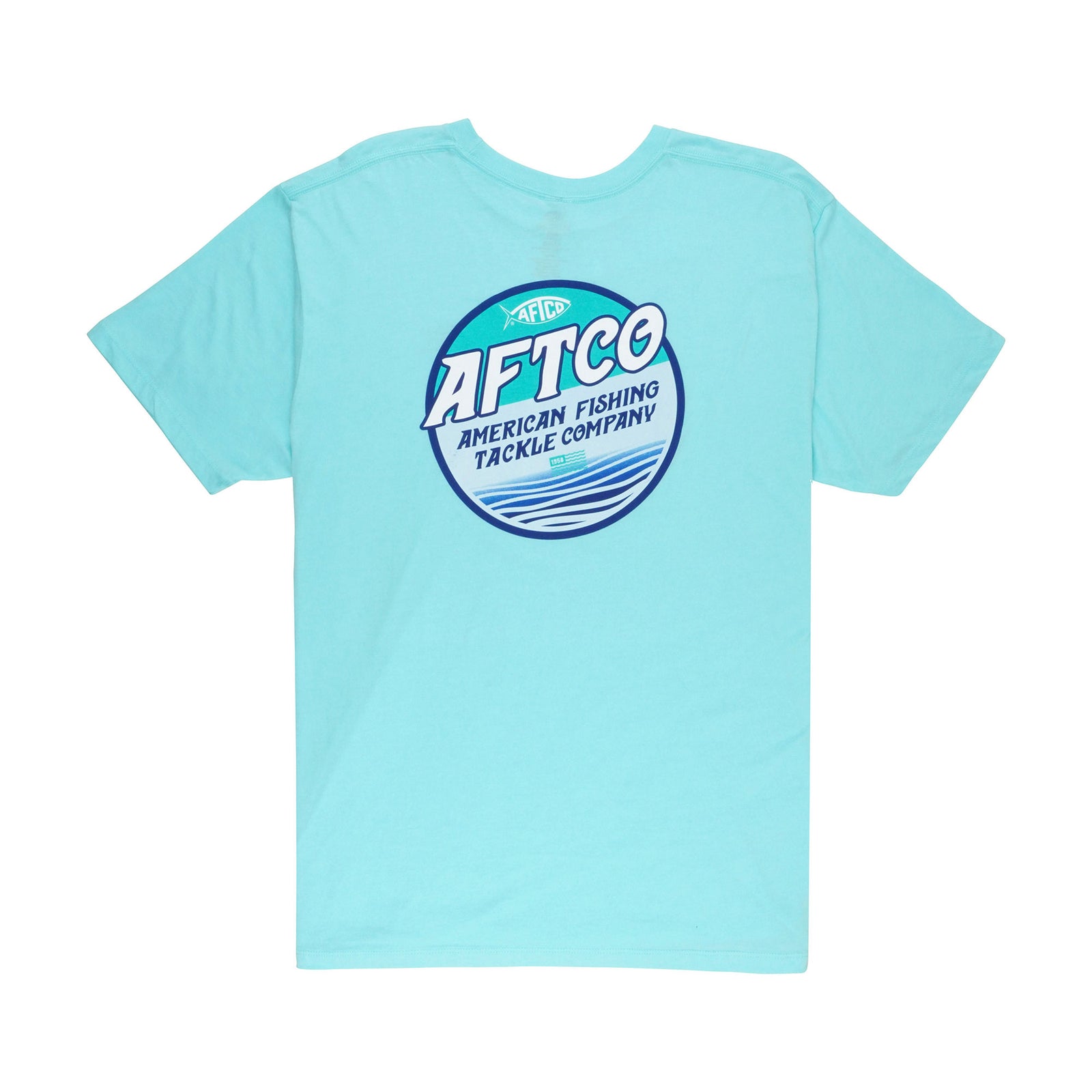 AFTCO blue aqua short sleeve t-shirt with circular blue and navy logo reading “AFTCO American Fishing Tackle Company.”