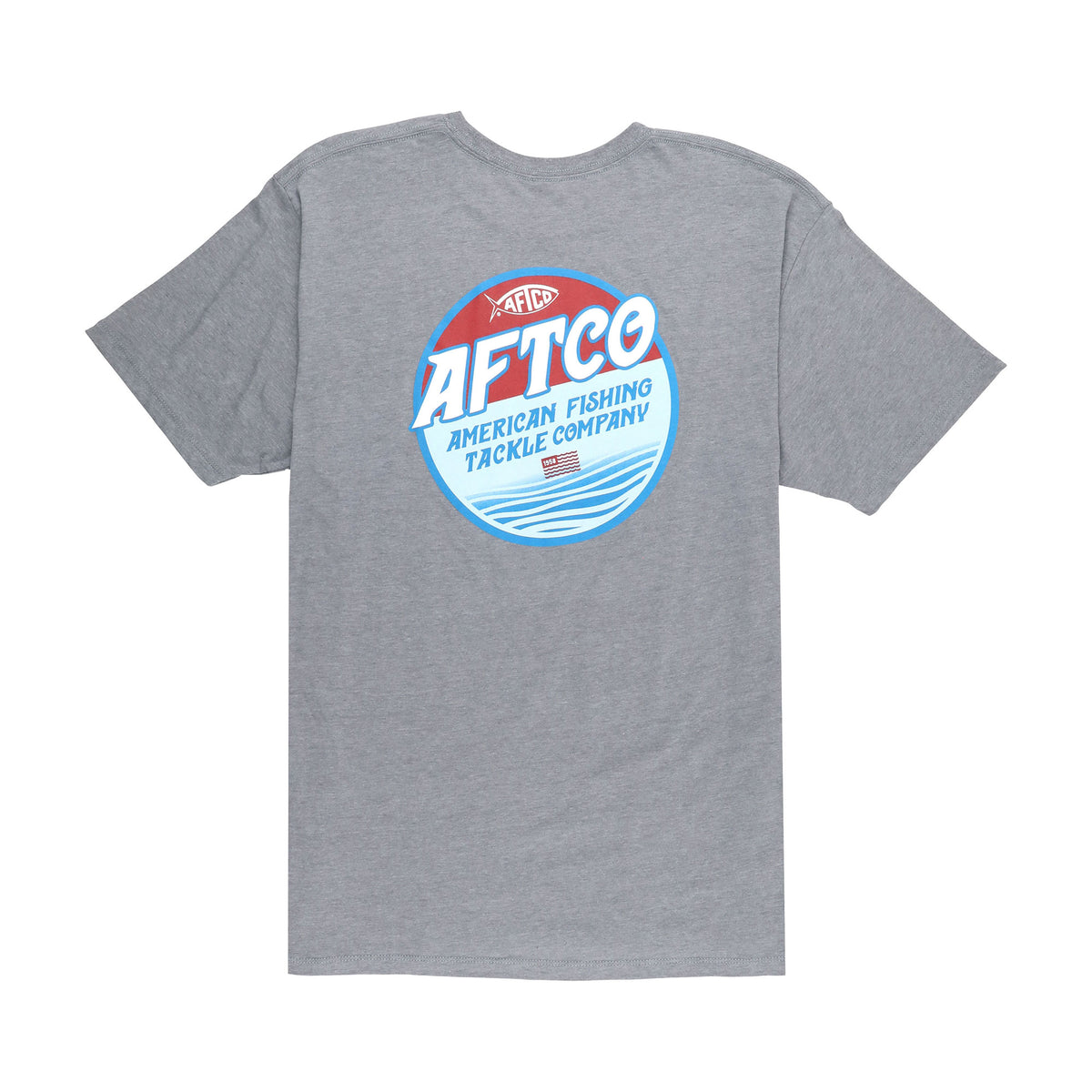 AFTCO gray heather short sleeve t-shirt with red, white, and blue circular logo reading “AFTCO American Fishing Tackle Company.”