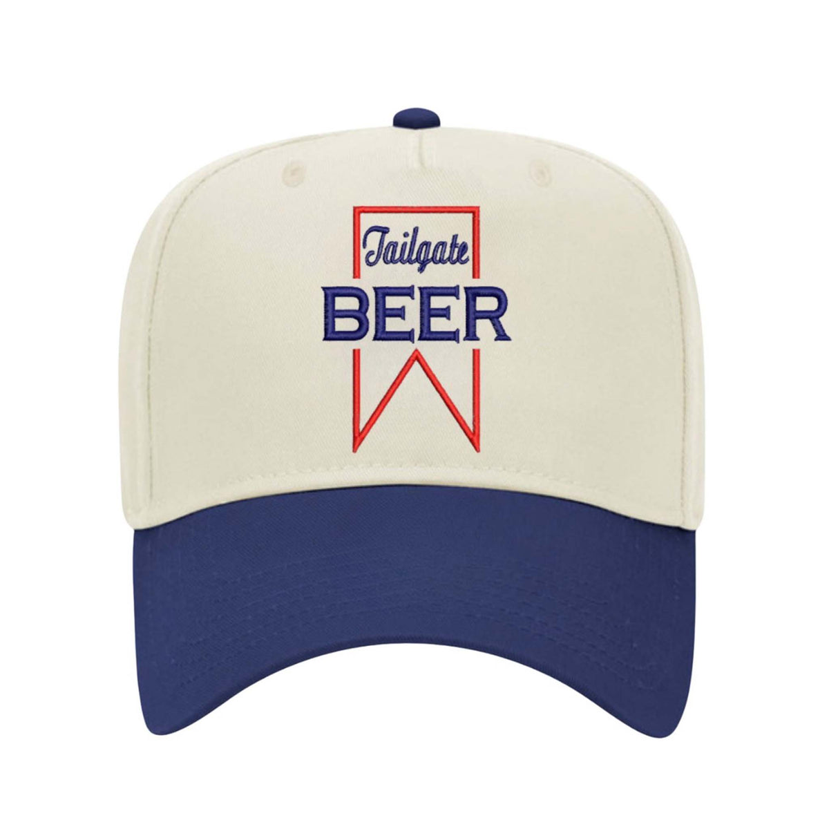 Cream and navy hat with red and blue embroidered text reading “Tailgate Beer” in a pennant design on the front.