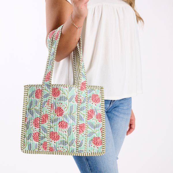 Mini Mint Floral Quilted Tote Bag