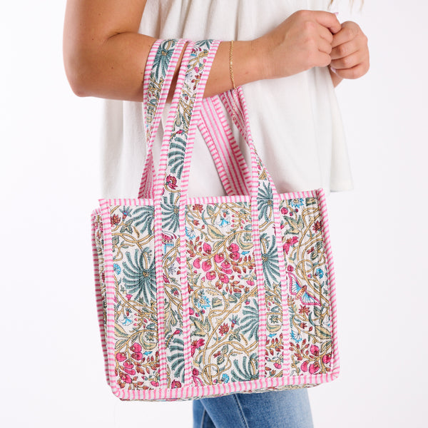 Mini White Floral Quilted Tote Bag