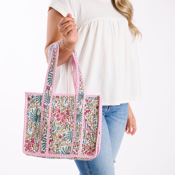 Mini White Floral Quilted Tote Bag