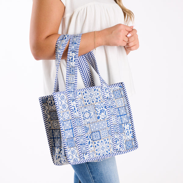 Mini Blue Tile Quilted Tote Bag