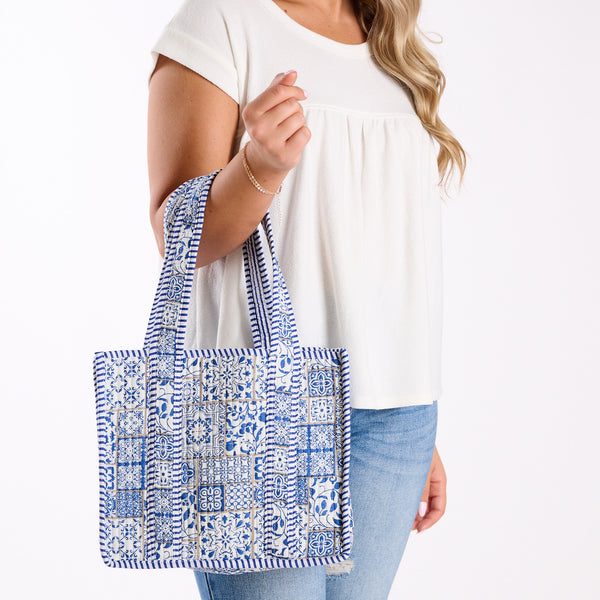 Mini Blue Tile Quilted Tote Bag