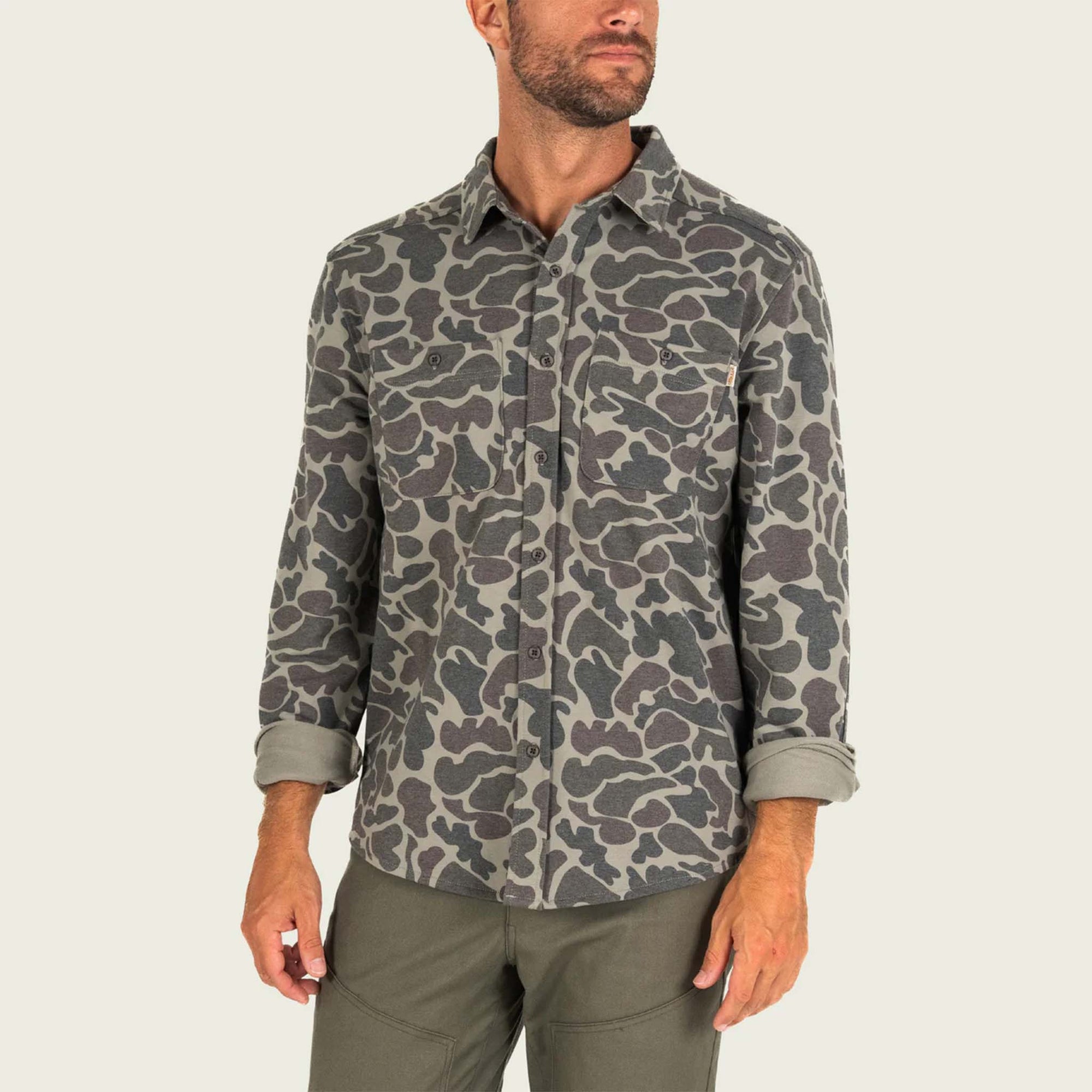 Marsh Wear Men's Fireside Button-Down Overshirt in Dark Green Mallard Camo