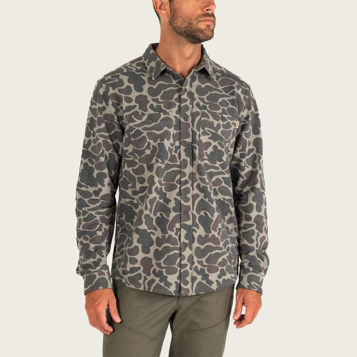 Marsh Wear Men's Fireside Button-Down Overshirt in Dark Green Mallard Camo