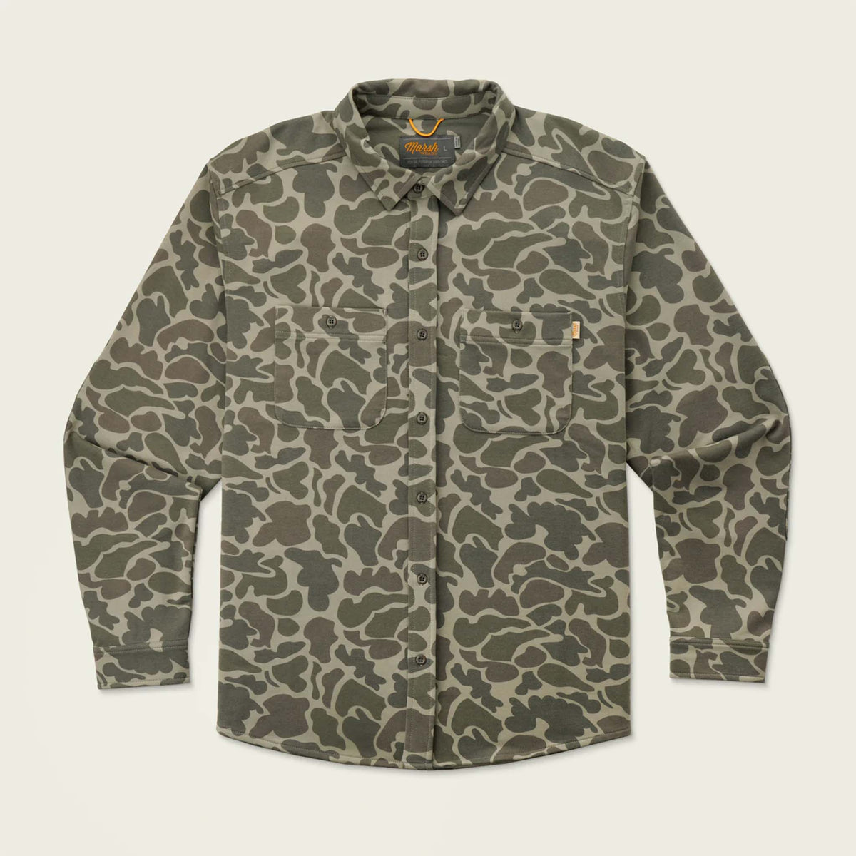 Marsh Wear Men's Fireside Button-Down Overshirt in Dark Green Mallard Camo