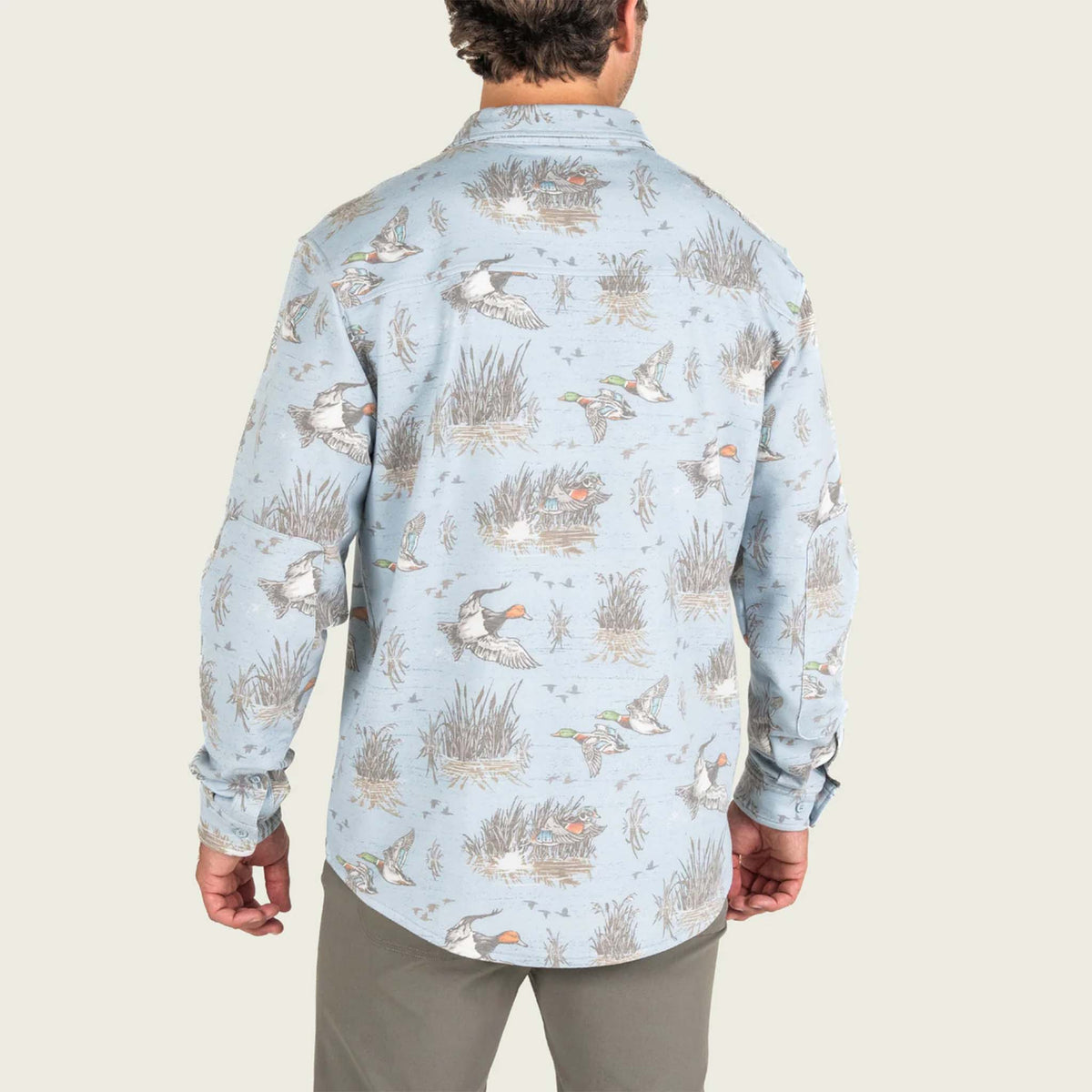 Marsh Wear Men's Fireside Button-Down Overshirt in Smoke blue with all over mallard duck and marsh grass pattern.