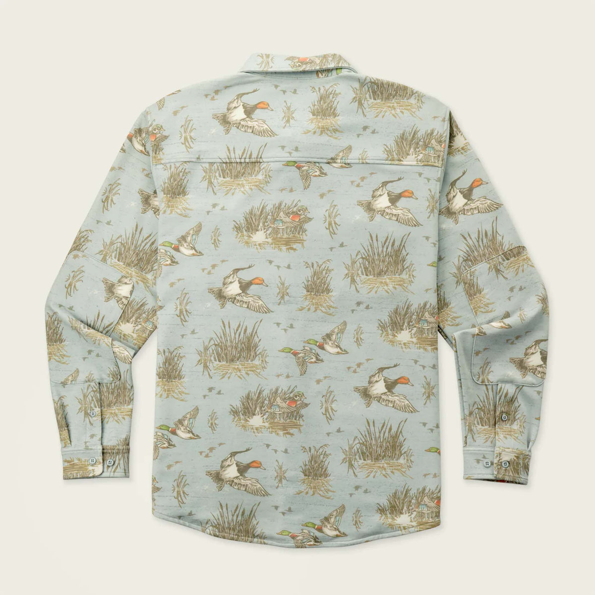 Marsh Wear Men's Fireside Button-Down Overshirt in Smoke blue with all over mallard duck and marsh grass pattern.