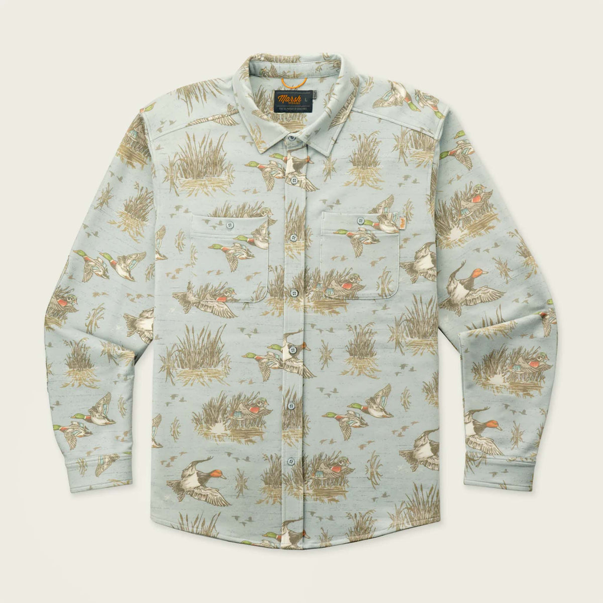 Marsh Wear Men's Fireside Button-Down Overshirt in Smoke blue with all over mallard duck and marsh grass pattern.