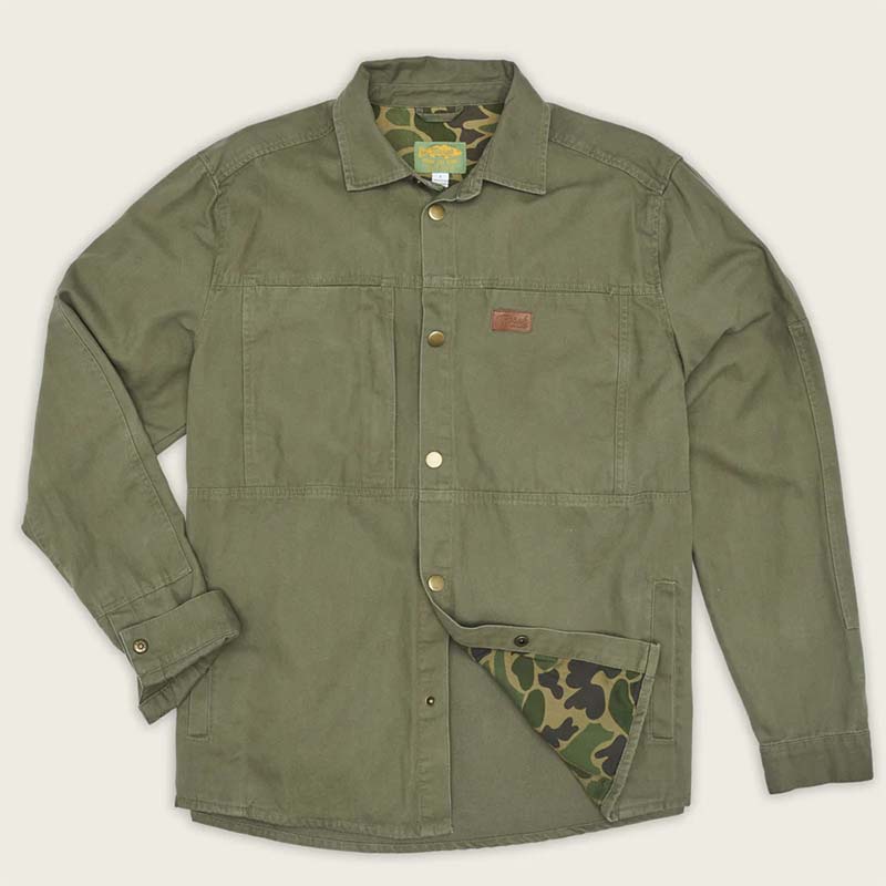 Green shacket with camouflage lining on a white background