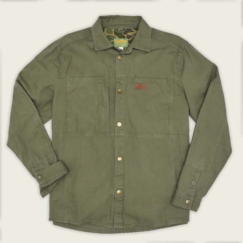 Green shacket with button details on a white background