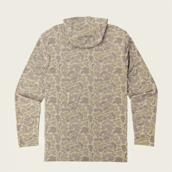 Marsh Wear Buxton Tech Hoodie in Camo, sizes S-XXL. Flat lay of back of khaki mallard camo hoodie, showing long sleeves and hood.