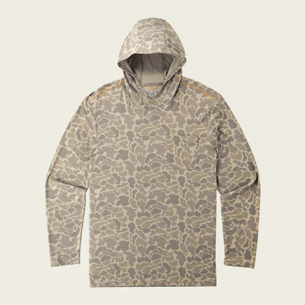 Marsh Wear Buxton Tech Hoodie in Camo, sizes S-XXL. Flat lay of long sleeve hoodie in khaki mallard camo with chest pocket and hood.