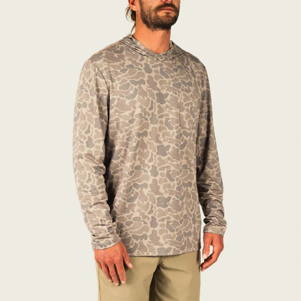 Marsh Wear Buxton Tech Hoodie in Camo, sizes S-XXL. Front view of model wearing khaki camo hoodie with relaxed fit and chest pocket.
