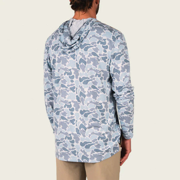 Marsh Wear Buxton Tech Hoodie in Camo, sizes S-XXL. Back view of model wearing hoodie in silver mallard camo, showing full pattern and hood.