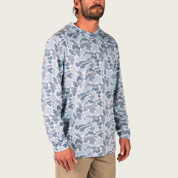 Marsh Wear Buxton Tech Hoodie in Camo, sizes S-XXL. Front view of model wearing khaki camo hoodie with relaxed fit and chest pocket.