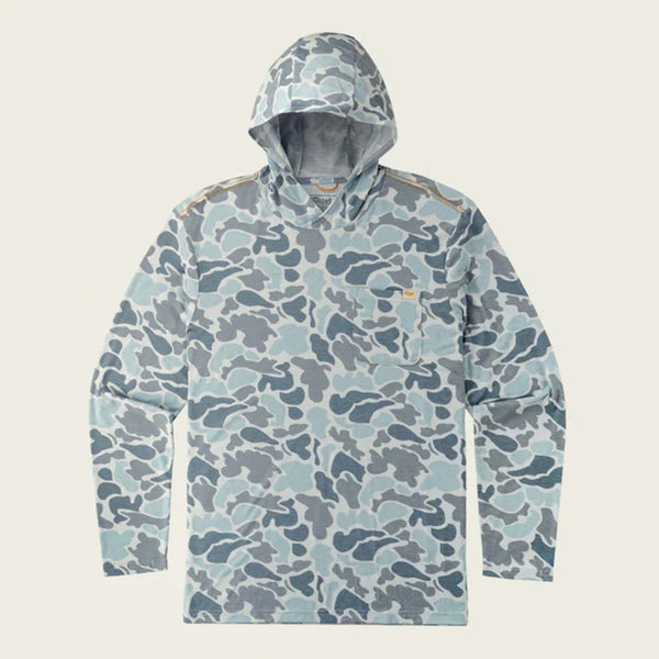 Marsh Wear Buxton Tech Hoodie in Camo, sizes S-XXL. Flat lay front view of hoodie in silver camo with orange stitching details and chest pocket.