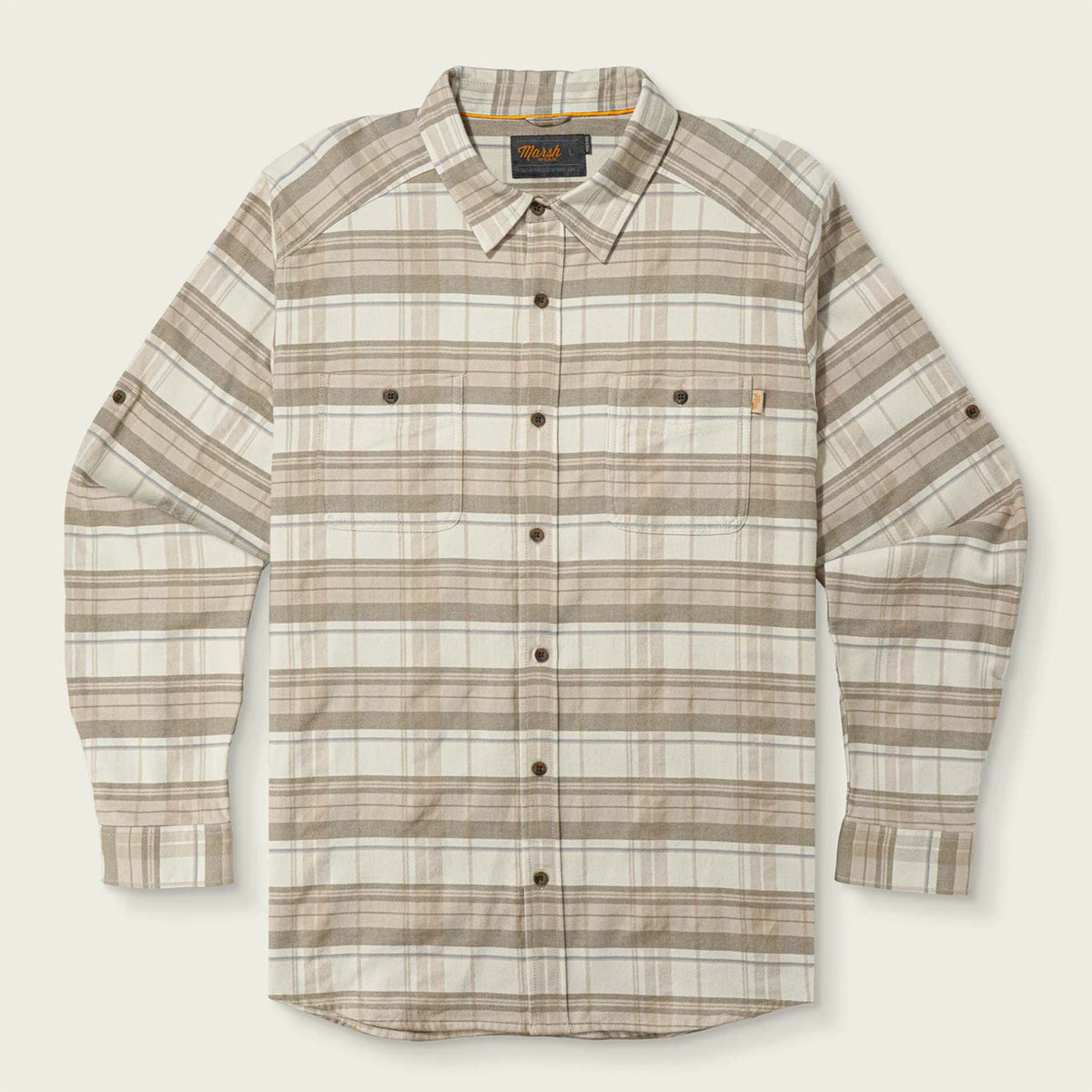 Plaid shirt with brown and beige pattern on a light gray background