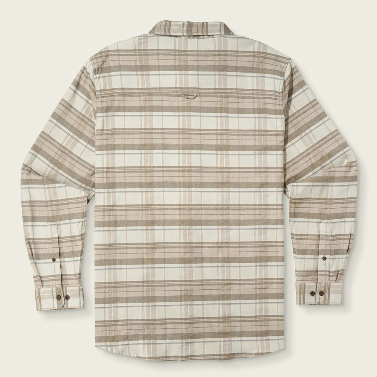 Plaid shirt with brown and beige pattern on a light gray background