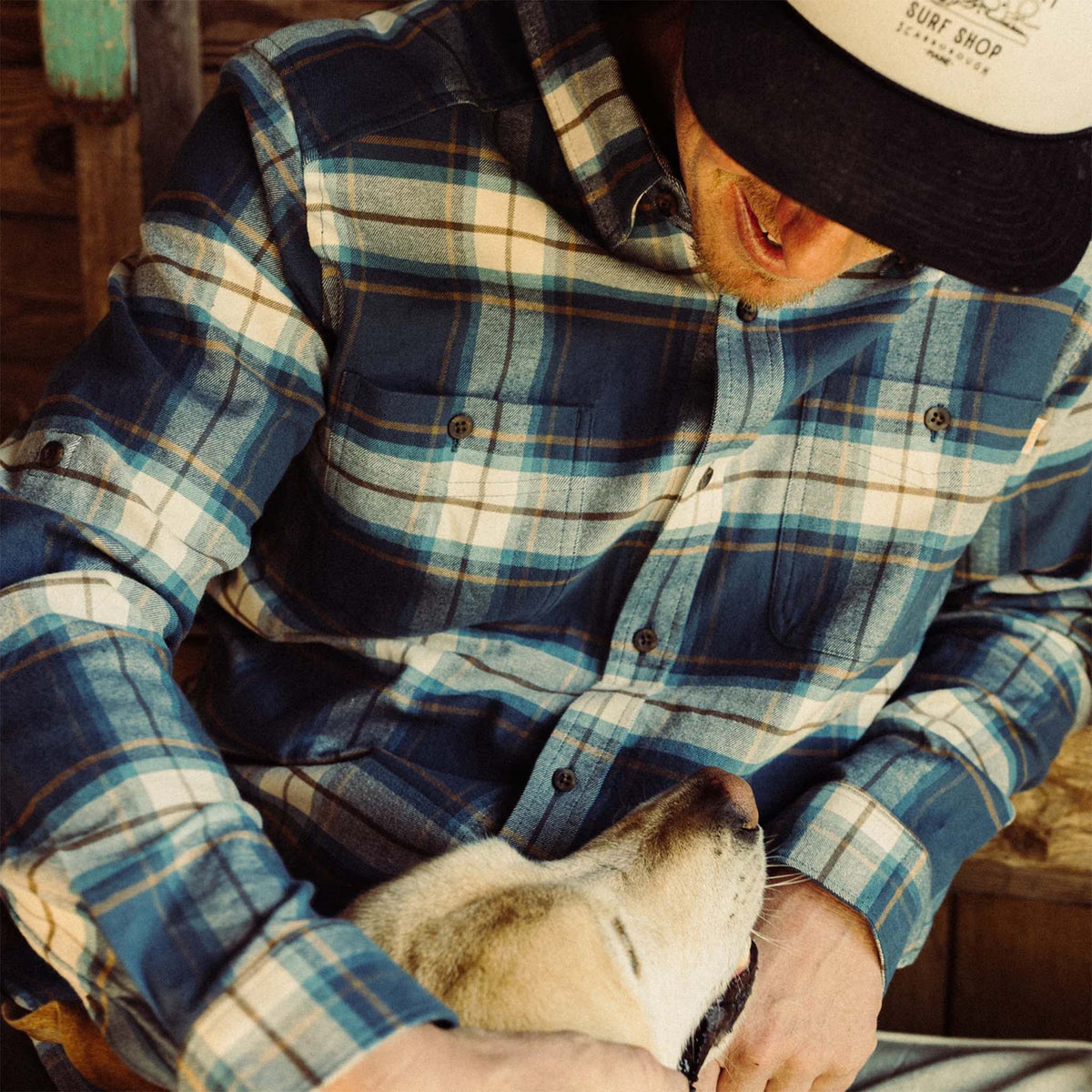 Person wearing a blue plaid shirt petting a dog.