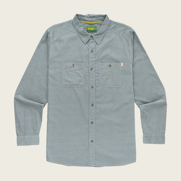 steel grey shirt with button details on a beige background