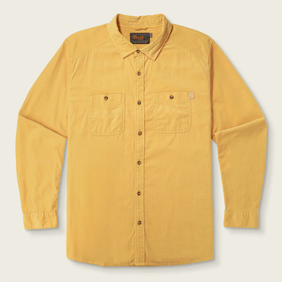 Yellow button-up shirt on a light gray background