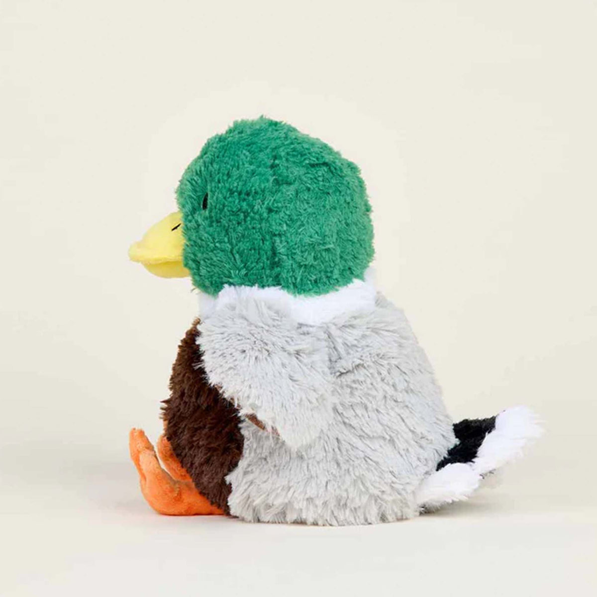 Side view of Warmies mallard plush duck.
