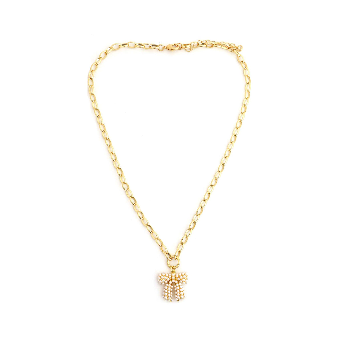 Chunky gold chain necklace with a 3D bow pendant made of tiny faux pearls, laid out in a teardrop shape on a white background. By Pannee Group.
