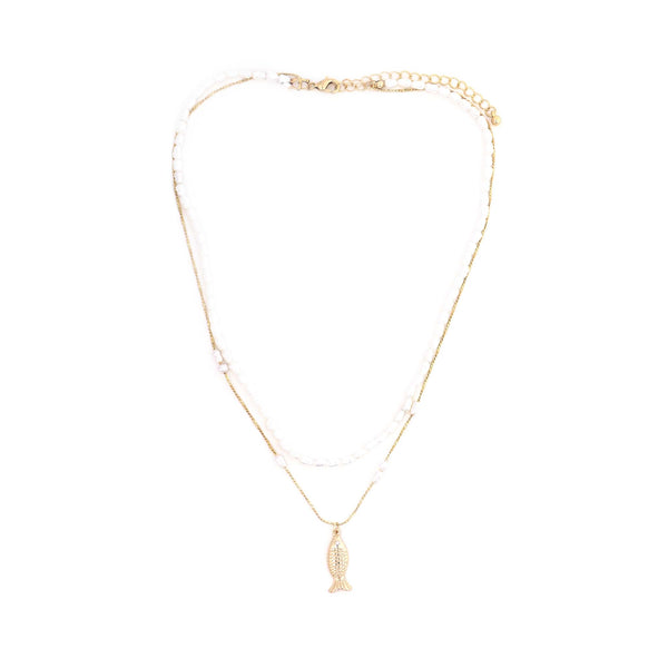 Fish Charm Pearl and Gold Layered Necklace