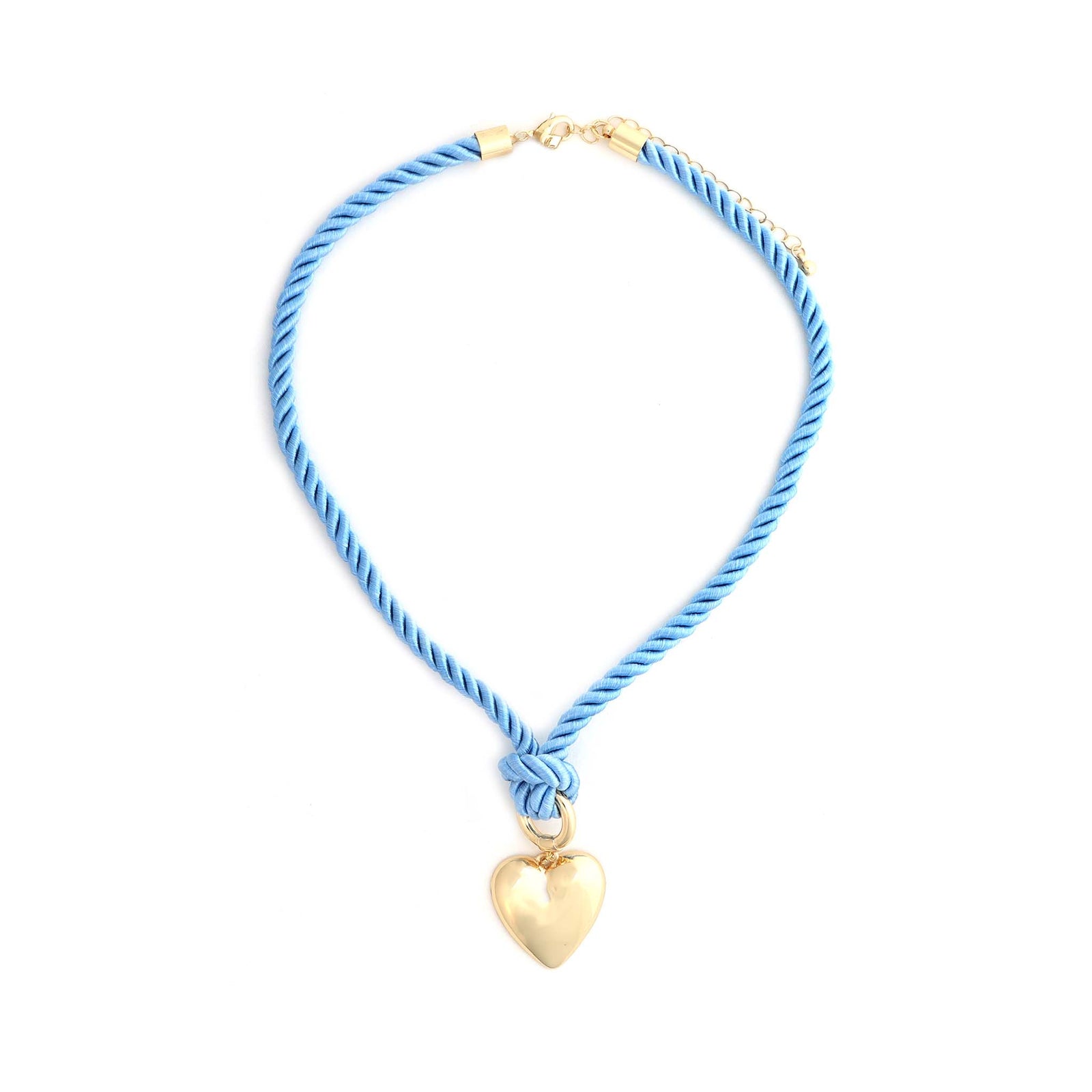 Blue cord necklace with a gold heart pendant on a white background