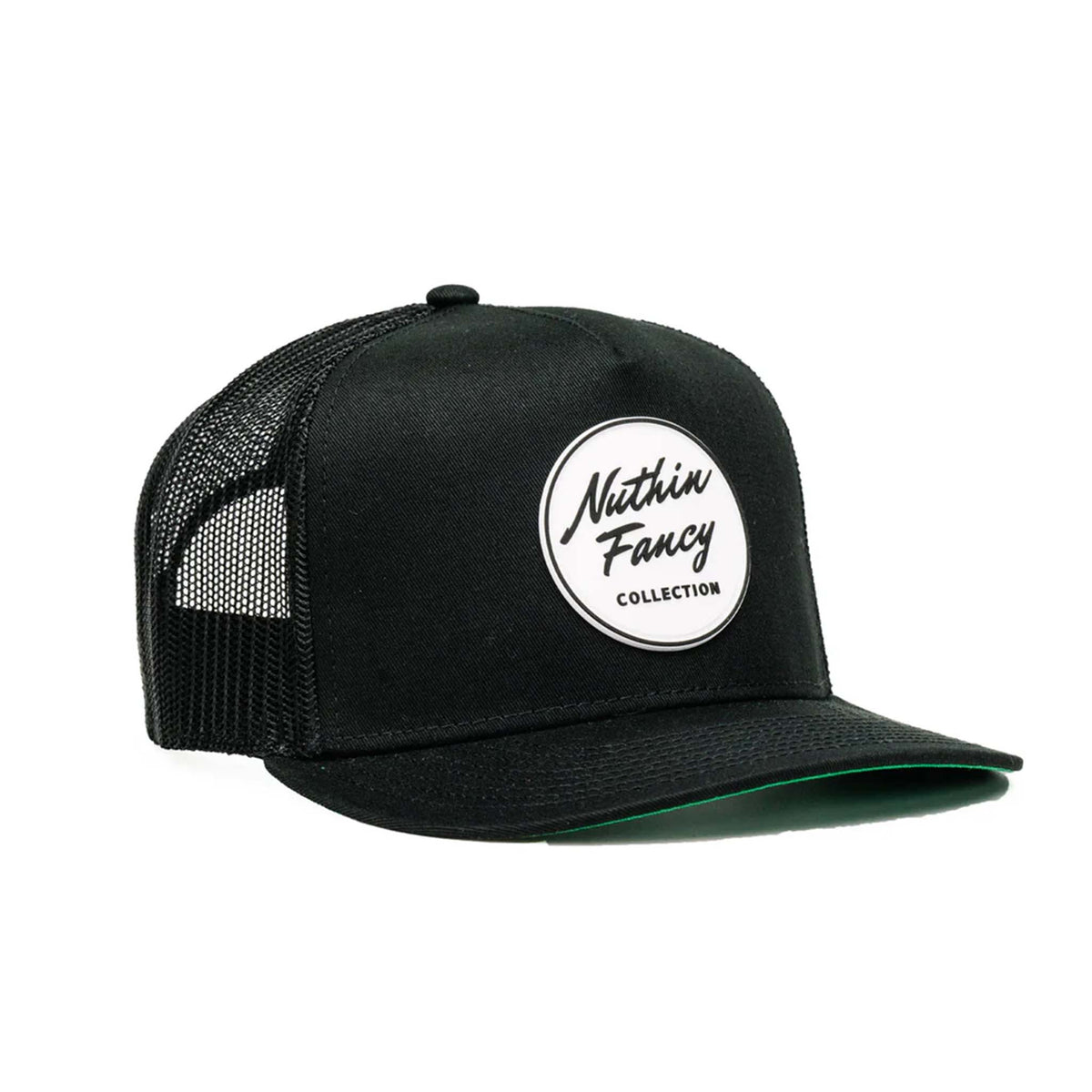 Black trucker cap with 'Nuthin Fancy' logo on a white background