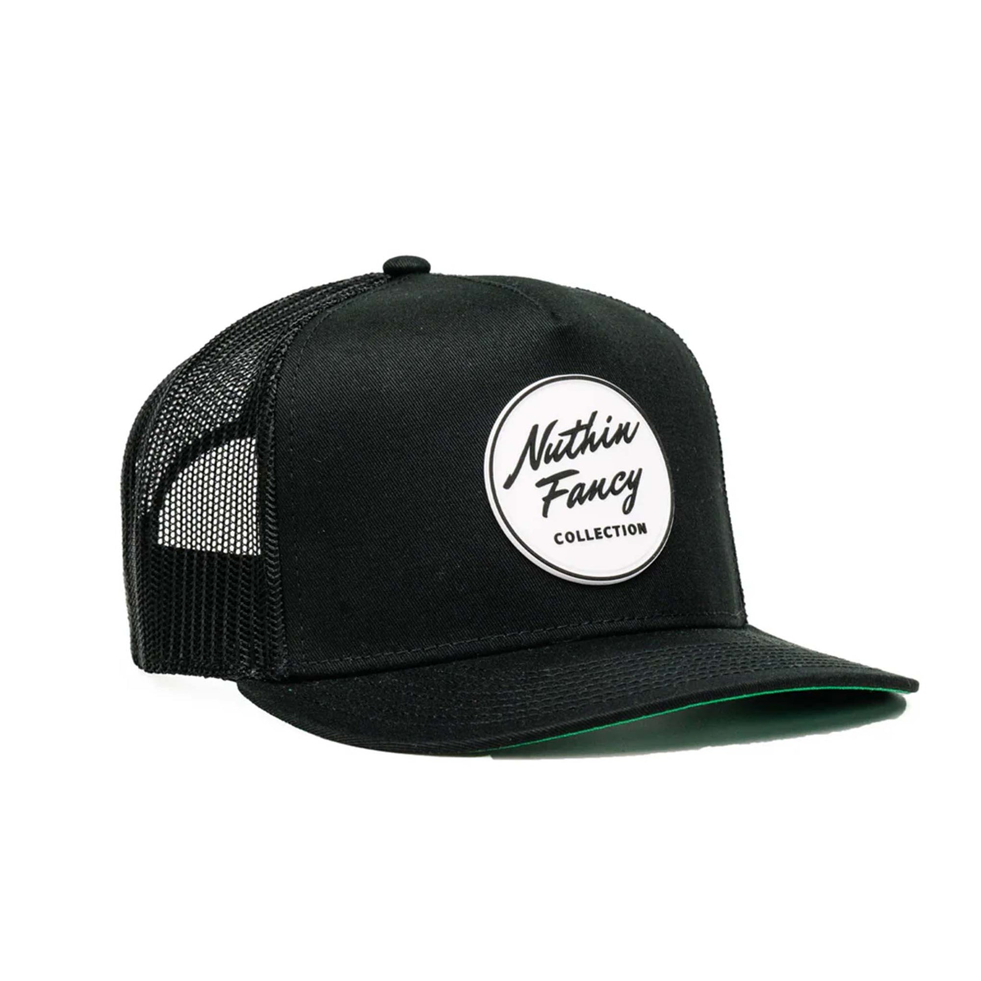 Black trucker cap with 'Nuthin Fancy' logo on a white background