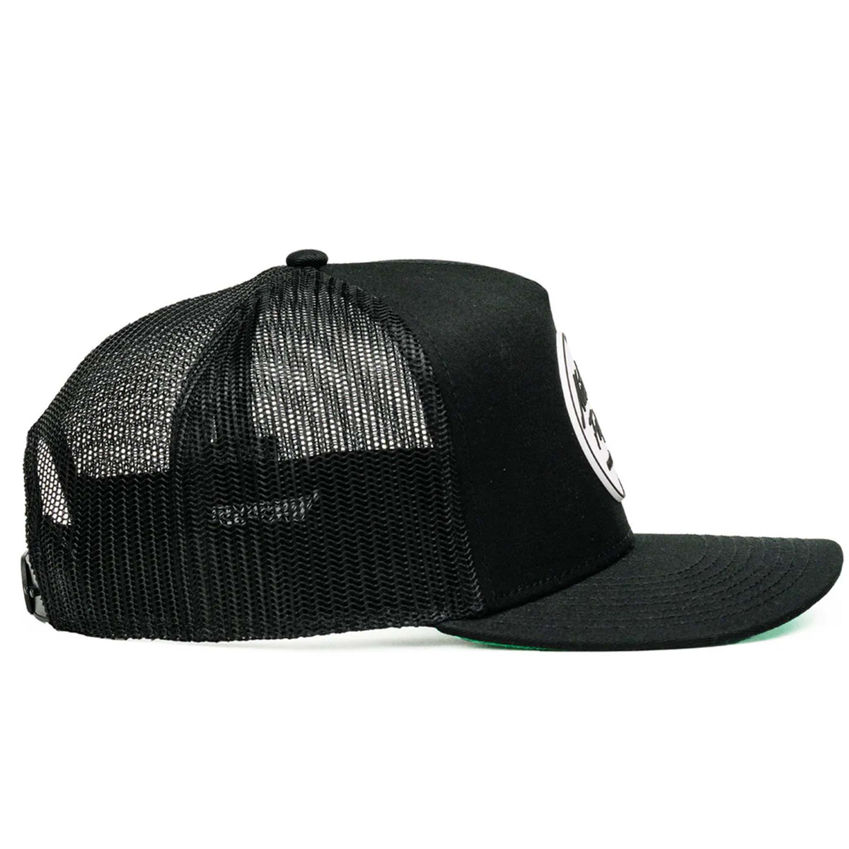 Black mesh cap with a logo on a white background