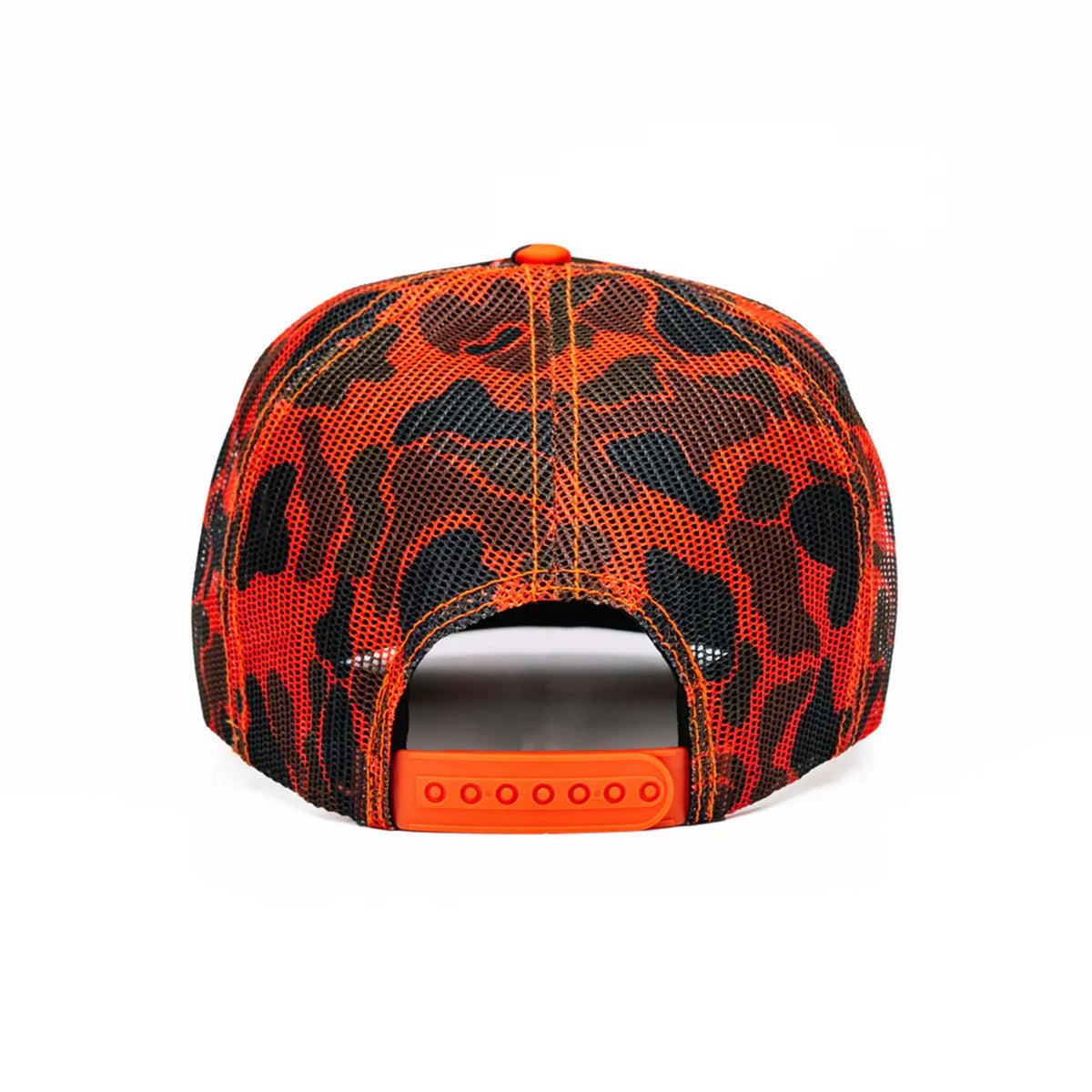Back view of orange camo trucker hat with adjustable snapback closure and mesh panels.