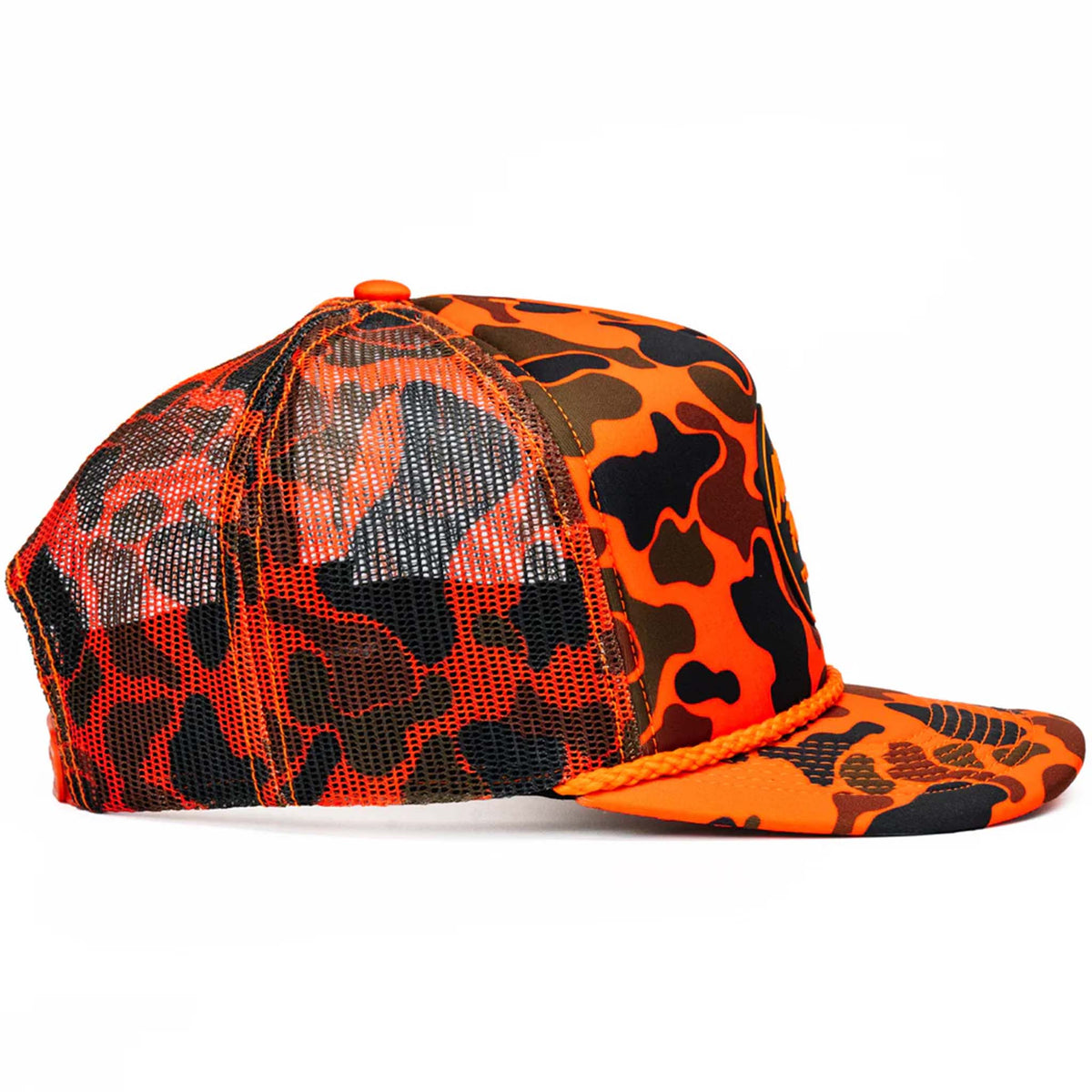 Side view of orange camo trucker hat with mesh back and structured crown.