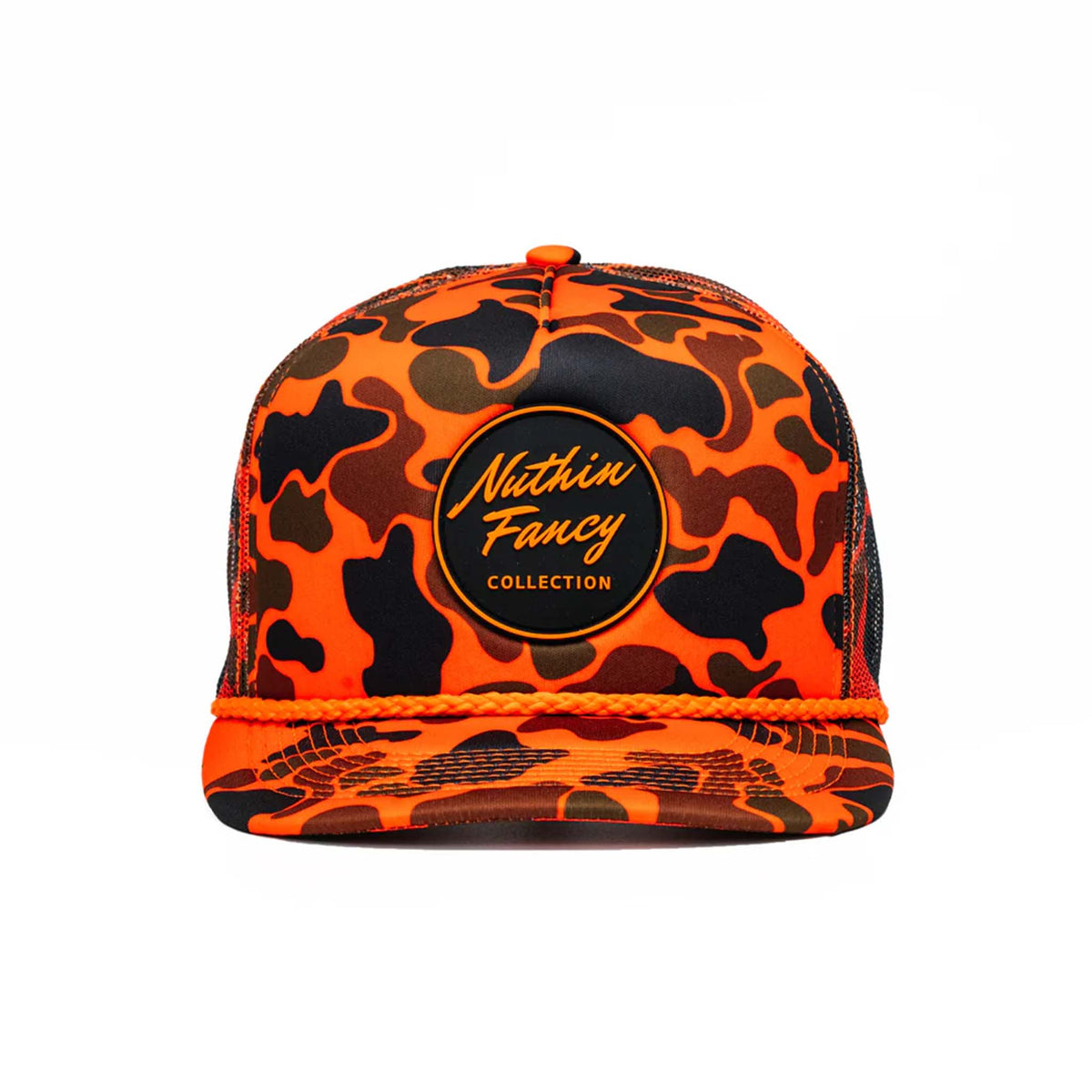 Front view of orange camo trucker hat with flat bill, orange rope detail, and round “Nuthin Fancy Collection” patch.