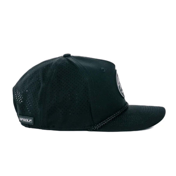 Black performance trucker hat made from moisture-wicking fabric, featuring laser perforated side and back panels for breathability. Includes a white-accented rubber 'Nuthin’ Fancy' patch on the front, a stylish black rope detail above the pre-curved bill, and an adjustable plastic snapback closure. One size fits most (58 cm).