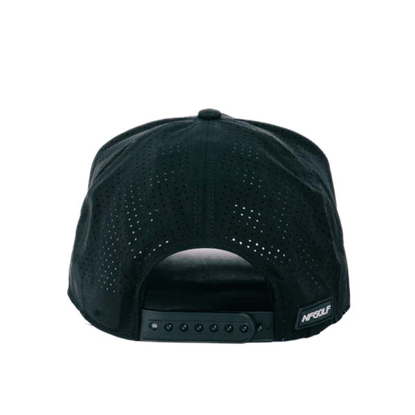 Black performance trucker hat made from moisture-wicking fabric, featuring laser perforated side and back panels for breathability. Includes a white-accented rubber 'Nuthin’ Fancy' patch on the front, a stylish black rope detail above the pre-curved bill, and an adjustable plastic snapback closure. One size fits most (58 cm).