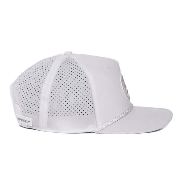 Black performance trucker hat made from moisture-wicking fabric, featuring laser perforated side and back panels for breathability. Includes a white-accented rubber 'Nuthin’ Fancy' patch on the front, a stylish black rope detail above the pre-curved bill, and an adjustable plastic snapback closure. One size fits most (58 cm).