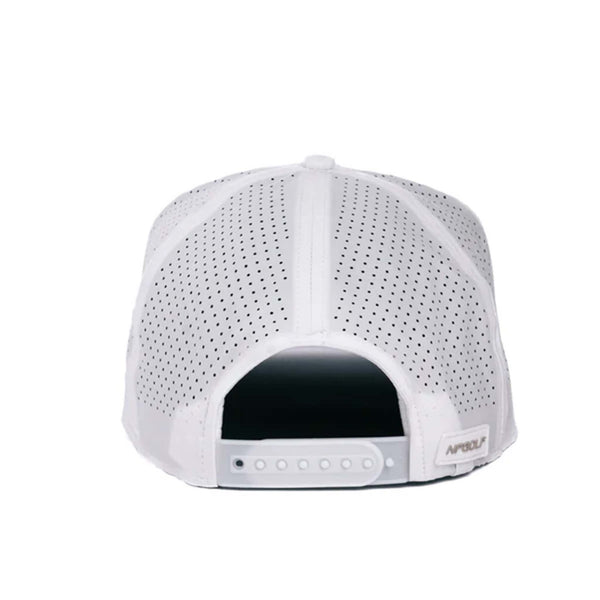 Black performance trucker hat made from moisture-wicking fabric, featuring laser perforated side and back panels for breathability. Includes a white-accented rubber 'Nuthin’ Fancy' patch on the front, a stylish black rope detail above the pre-curved bill, and an adjustable plastic snapback closure. One size fits most (58 cm).