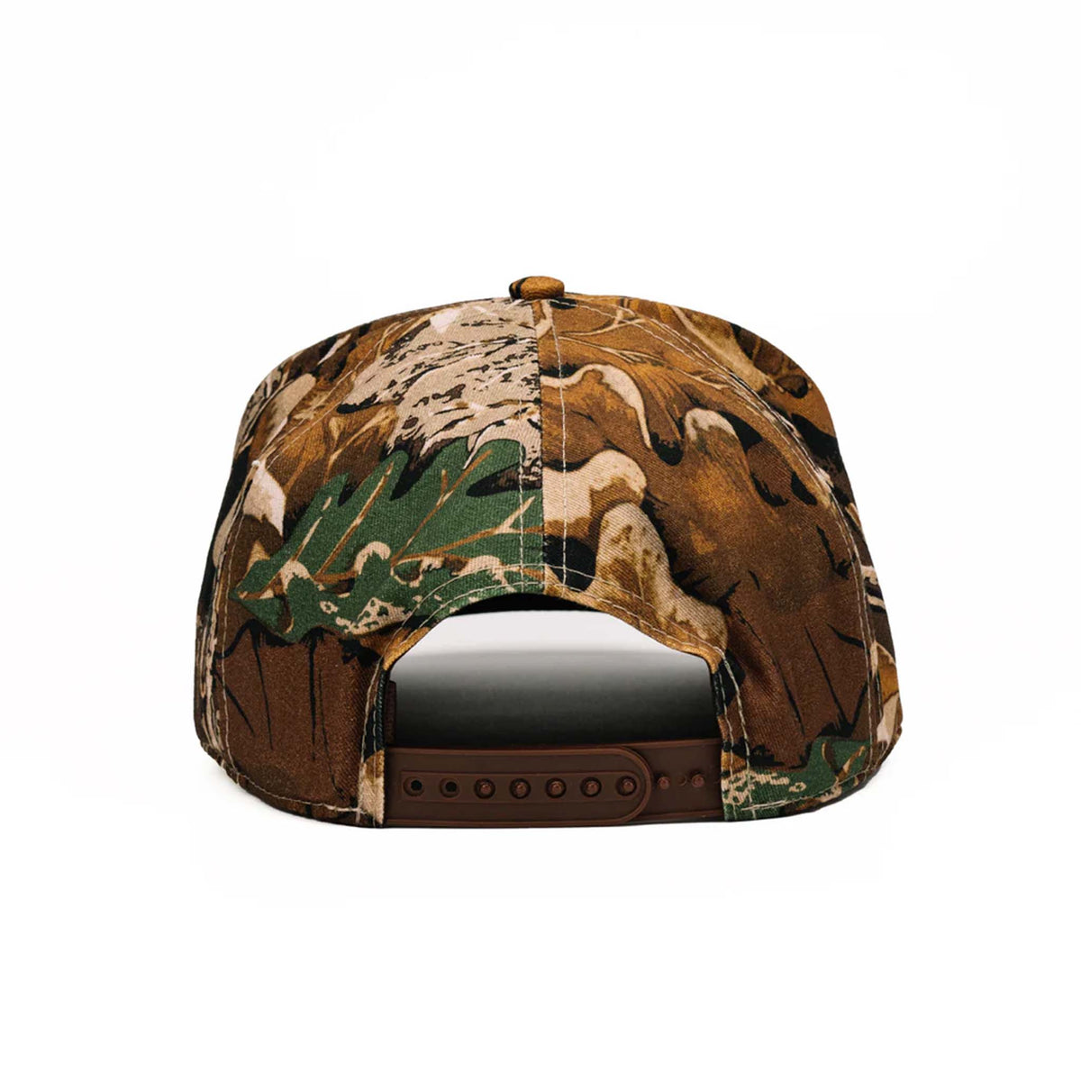 Back view of brown camo cap with adjustable snapback closure.