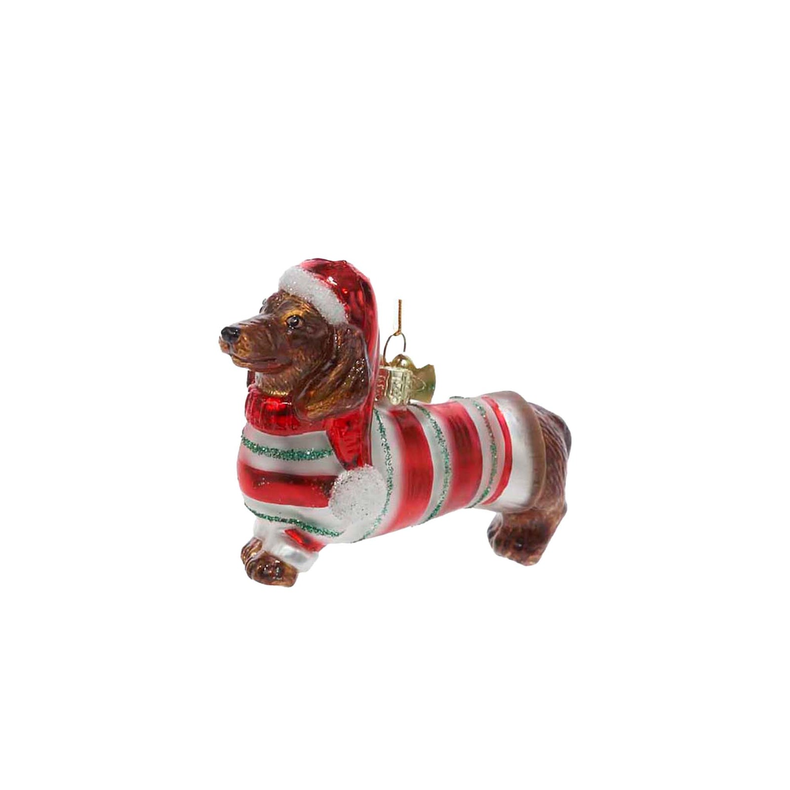 Dachshund dog ornament wearing a red and green striped sweater and Santa hat.