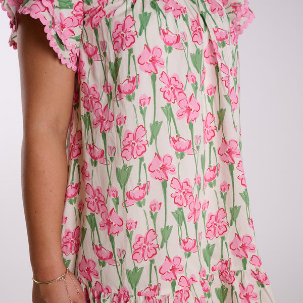  Close up of pink floral pattern dress.
