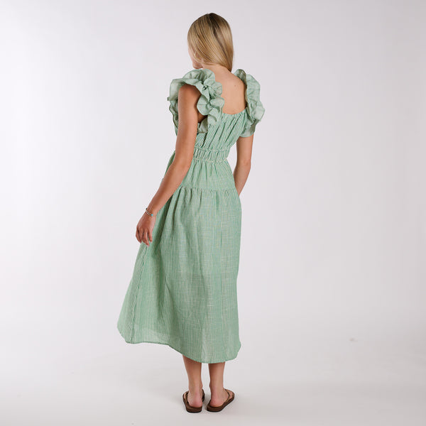  Green stripe seersucker ruffle strap midi dress with square neckline and smocked waist, shown from back view.